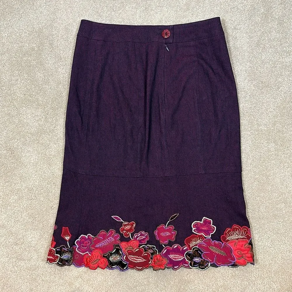 Nanette Lepore Knee Length Purple Embroidered Slit Flower Skirt Women Size 4